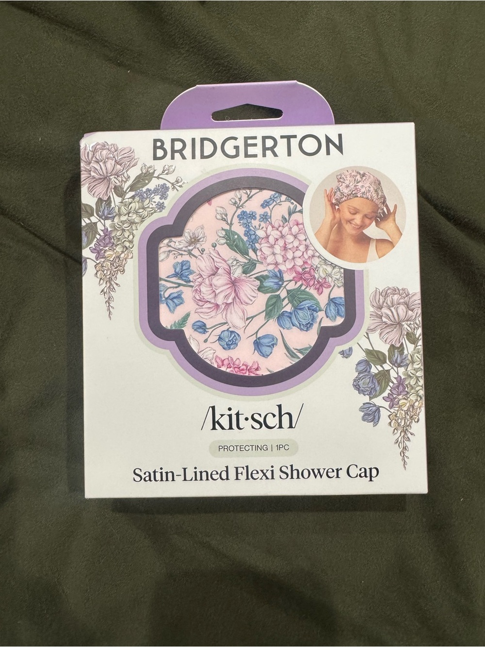 Kitsch Bridgerton Floral Satin-Lined Flexi Shower Cap — Pink & Purple
